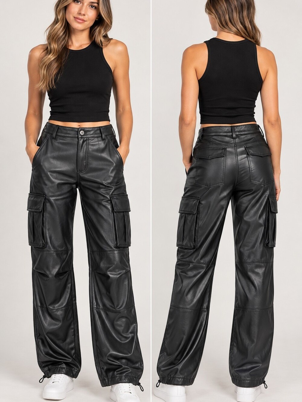 7 For All Mankind Black Faux Leather Buttery Cargo Pants XS Wide Leg Utility Y2K